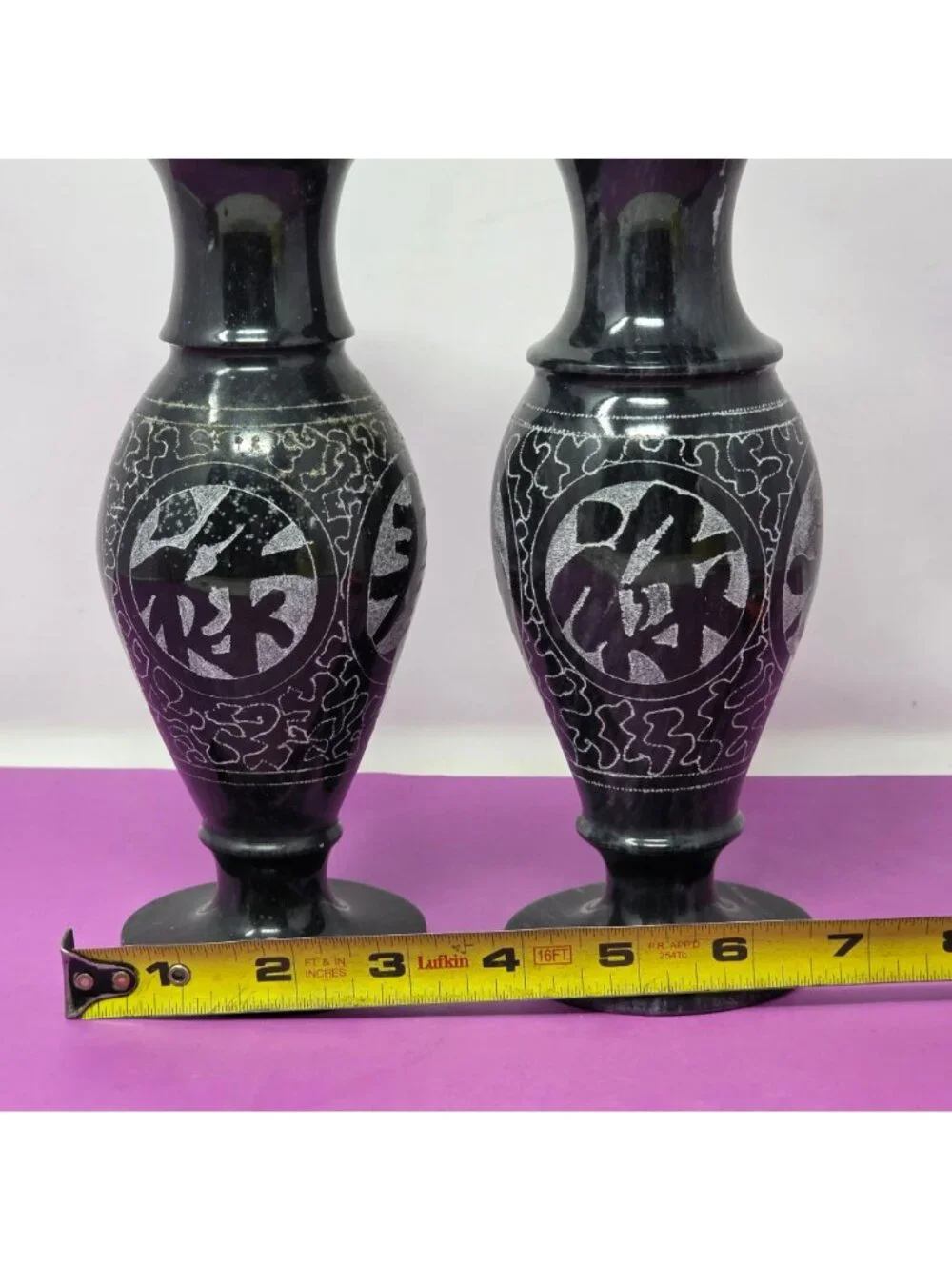 2 Oriental Black Marble Engraved Vases Intricate Designs Decorative Collectibles